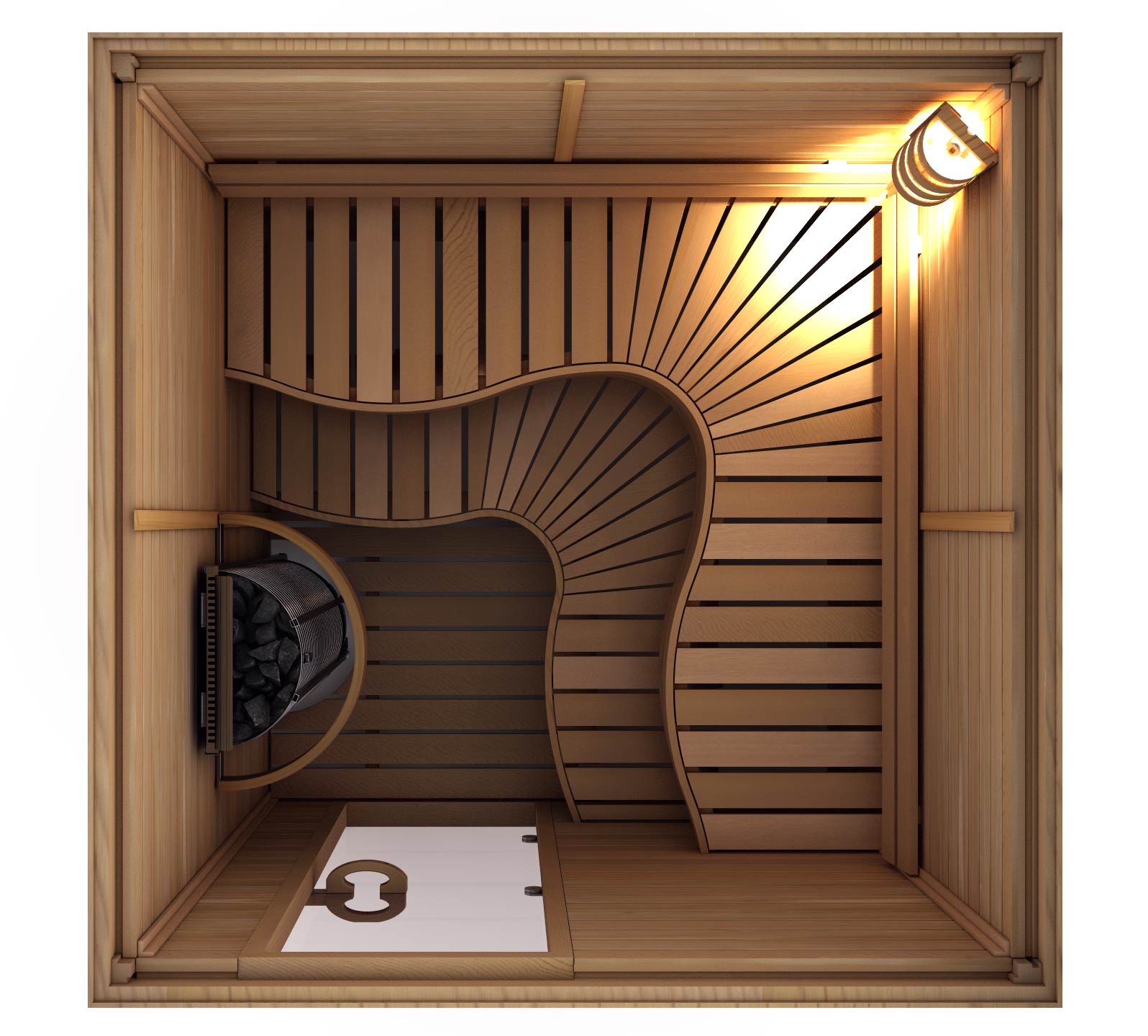 Top-down view of a large 6-person SAWO sauna with Wave Benches