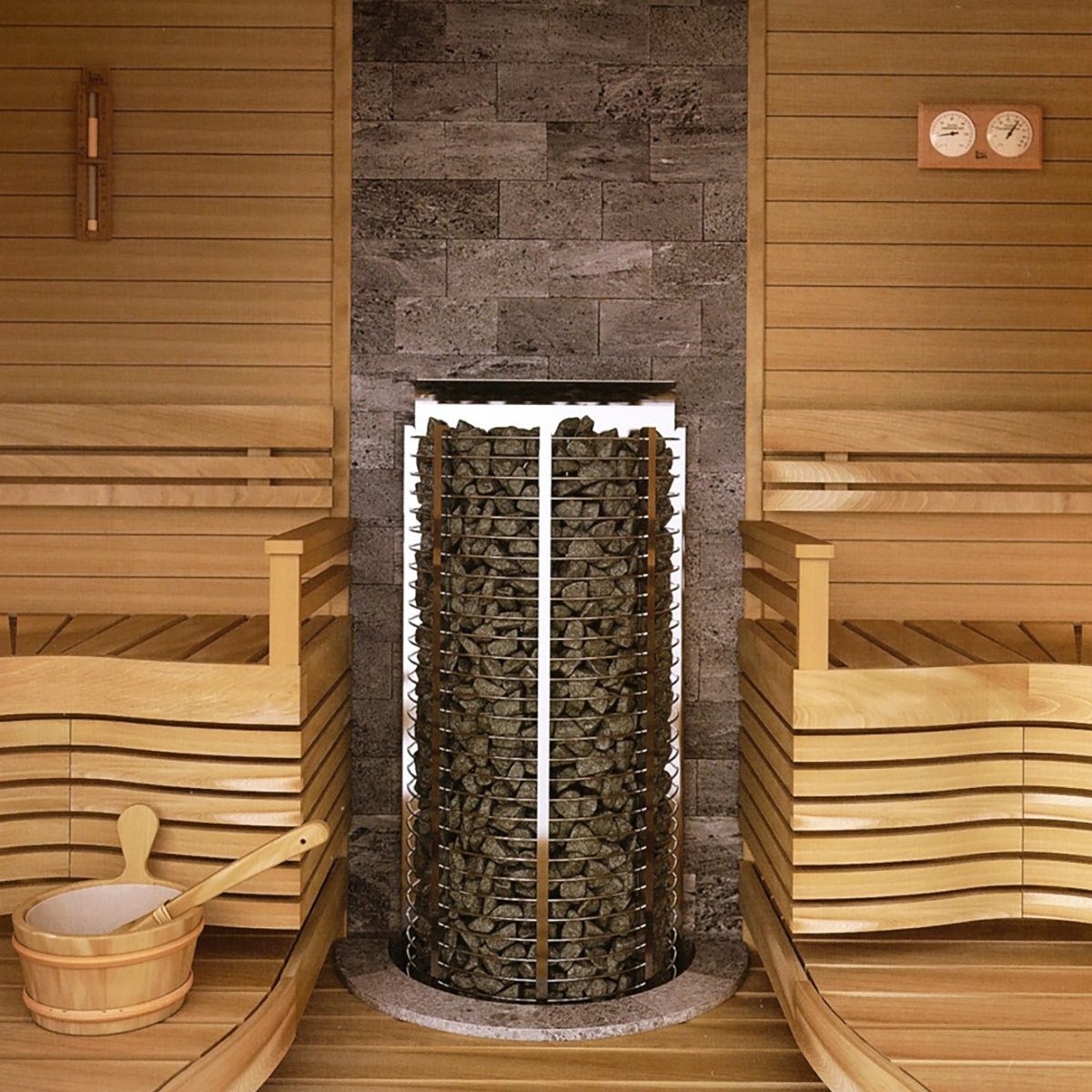 SAWO Finland SOAPSTONE tiles installed on a wall with a tower heater